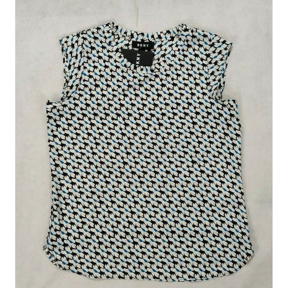 DKNY Womens Blouse Small White Printed Cap Sleeve - Picture 3 of 12